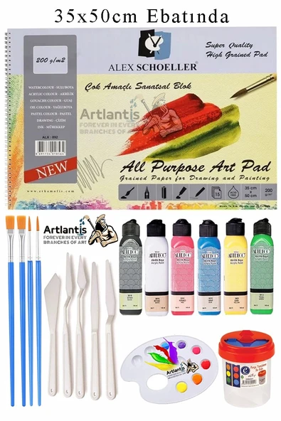 Alex Schoeller Çok Amaçlı Sanatsal Blok 35x50 200 gr 15 Yaprak Artdeco 140 ml Akrilik Boya 6 Renk Plastik Spatula Fırça ürün görseli 1