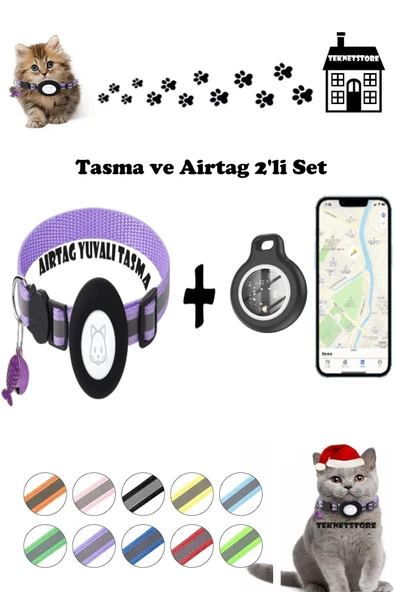 Takip Cihazı ve Airtag Yuvalı Kedi Tasması 2'li Set Ios Uyumlu Boyun Tasması GPS  MOR ürün görseli 1