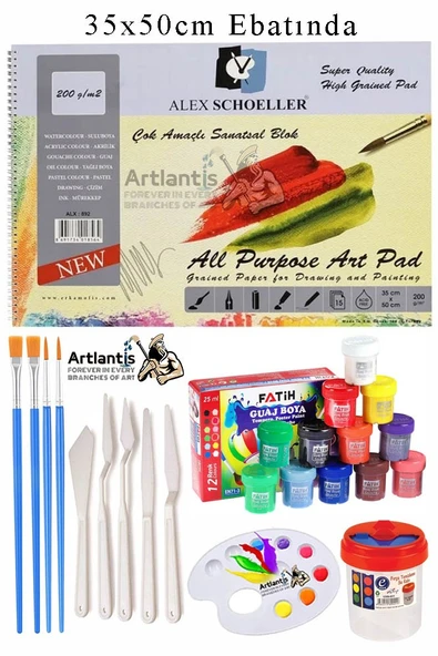 Alex Schoeller Çok Amaçlı Sanatsal Blok 35x50 200 gr 15 Yaprak Fatih 12 Renk 20 ml Guaj Boya Plastik Spatula Fırça ürün görseli 1