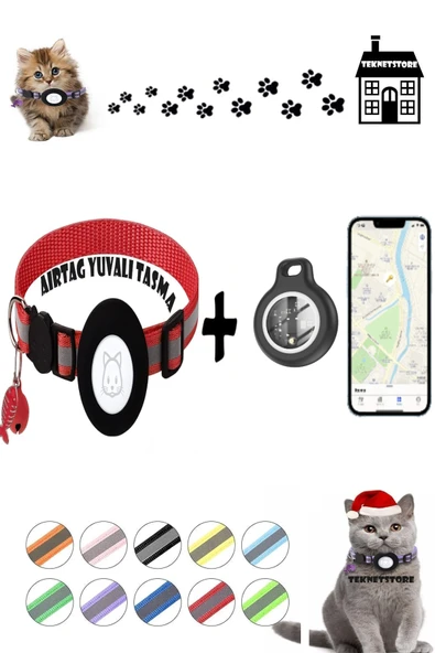 Takip Cihazı ve Airtag Yuvalı Kedi Tasması 2'li Set Ios Uyumlu Boyun Tasması GPS  KIRMIZI ürün görseli 1