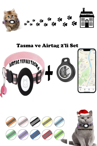 Takip Cihazı ve Airtag Yuvalı Kedi Tasması 2'li Set Ios Uyumlu Boyun Tasması GPS  PEMBE ürün görseli 1