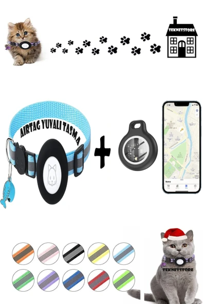 Takip Cihazı ve Airtag Yuvalı Kedi Tasması 2'li Set Ios Uyumlu Boyun Tasması GPS  MAVİ ürün görseli 1