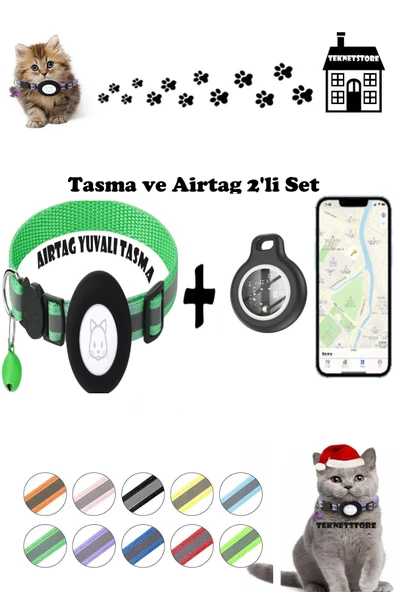 Takip Cihazı ve Airtag Yuvalı Kedi Tasması 2'li Set Ios Uyumlu Boyun Tasması GPS  YEŞİL ürün görseli 1