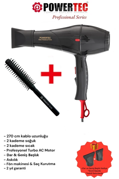 Powertec TR-701 Profesyonel Fön Makinesi + Profesyonel Berber Fön Fırçası ürün görseli 1