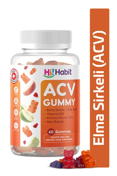 Hİ HABİT Elma Sirkeli Gummy Folik Asit Içeren Sindirim Ve Enerji Desteği Takviye Edici Gıda Vegan Gummies ürün görseli 1