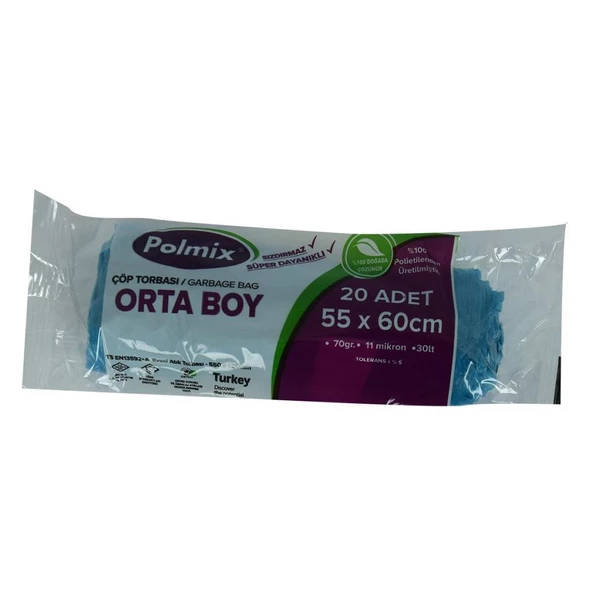 Polmix Çöp Torbası Orta Boy 55x60Cm 70Gr 11Mikron 30Lt Mavi 20li ürün görseli 1