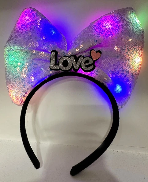 Led Işıklı 3 Farklı Fonksiyonda Yanan Gümüş Love Yazılı Lila Fiyonk Taç 20X17 cm ürün görseli 1