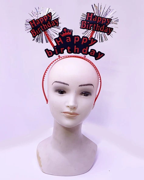 Happy Birthday Yazılı Püsküllü Neon Kırmızı Renk Doğum Günü Tacı 22x19 cm ürün görseli 1