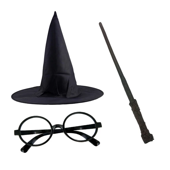 Harry Potter Siyah Şapkası Harry Potter Gözlüğü Harry Potter Asası 3 lü Set ürün görseli 1