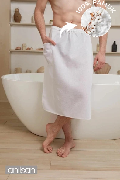 %100 Pamuk Spa & Hamam İçin Sauna Havlusu – Belden Lastikli Cırtcırtlı Cepli Etek Model ürün görseli 1