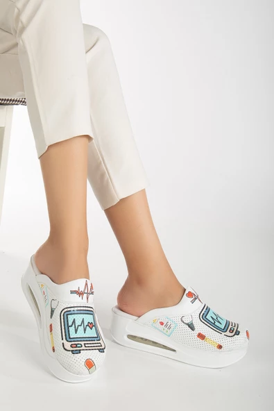 Blum Sabo Terlik  Ekg Desenli Beyaz Taban Kadın Airmax Ortopedik Terlik ürün görseli 1