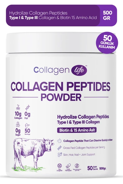 Collagen Life %100 Hidrolize Kolajen Peptitler Biotin Ve 15 Amino Asit İçeren Gıda Takviyesi 50 Günlük ürün görseli 1