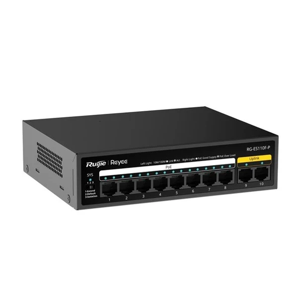 RUIJIE 8port RG-ES110F-P 10/100 2-UPLINK 110W YÖNETİLEMEZ POE SWITCH ürün görseli 1