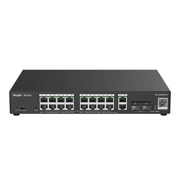 RUIJIE REYEE 16port RG-ES220GS-P GIGABIT 2-UPLINK 2-SFP 250W YÖNETİLEBİLİR POE SWITCH ürün görseli 1