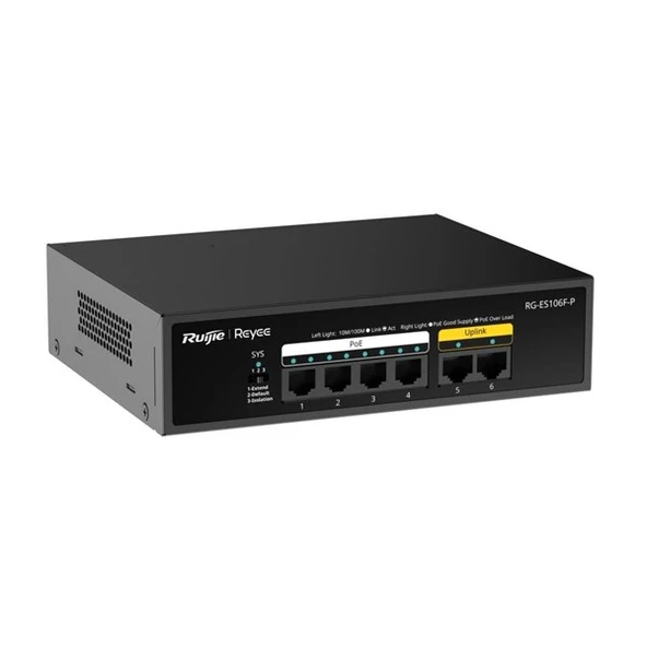 RUIJIE REYEE 6port RG-ES106F-P 10/100 2-UPLINK 54W 4port YÖNETİLEMEZ POE SWITCH ürün görseli 1