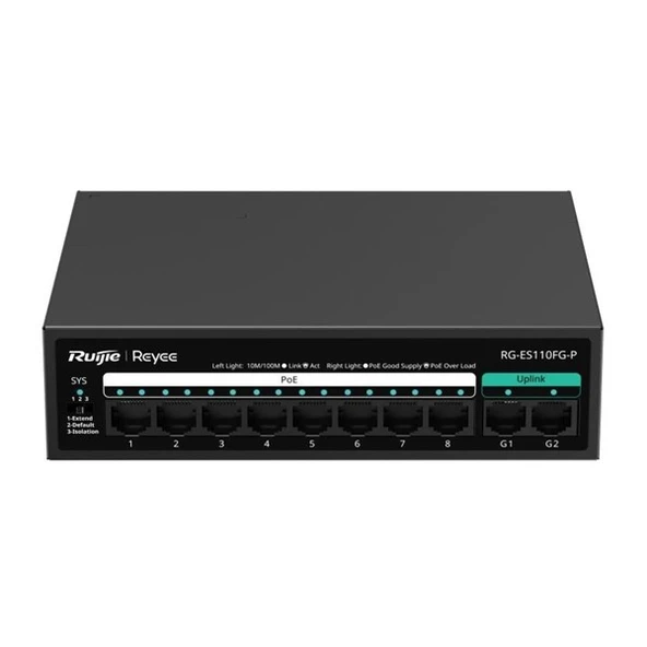 RUIJIE 8port RG-ES110FG-P 10//100 2-UPLINK 110W YÖNETİLEMEZ POE SWITCH ürün görseli 1
