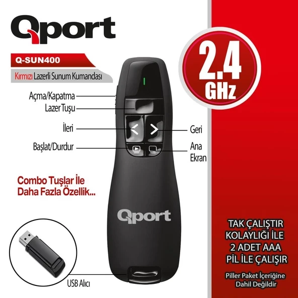 QPORT Q-SUN400 2.4 GHZ USB KIRMIZI LAZERLI SUNUM KUMANDASI - PRESENTER ürün görseli 1