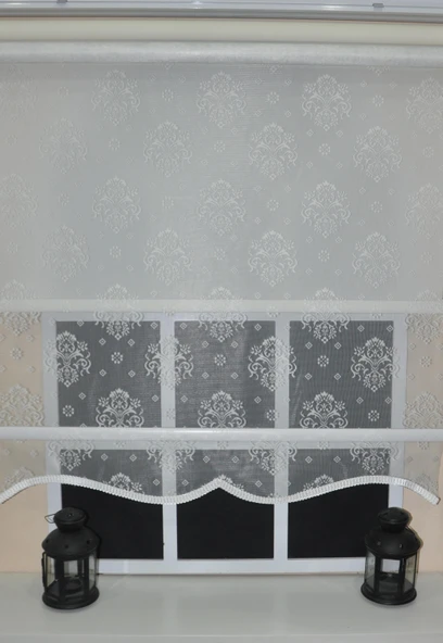 StorBurada Çift Mekanizmalı Kirli Beyaz Damask Tül Perde ve Ekru Stor Perde STB45252-V01  Ekru 180 x 200 ürün görseli 1