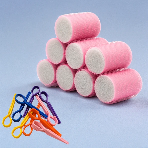 Croc 1207 Pembe Cırtlı Sünger Bigudi 8Li Çap 4Cm + 10Lu Plastik Saç Pensi ürün görseli 1