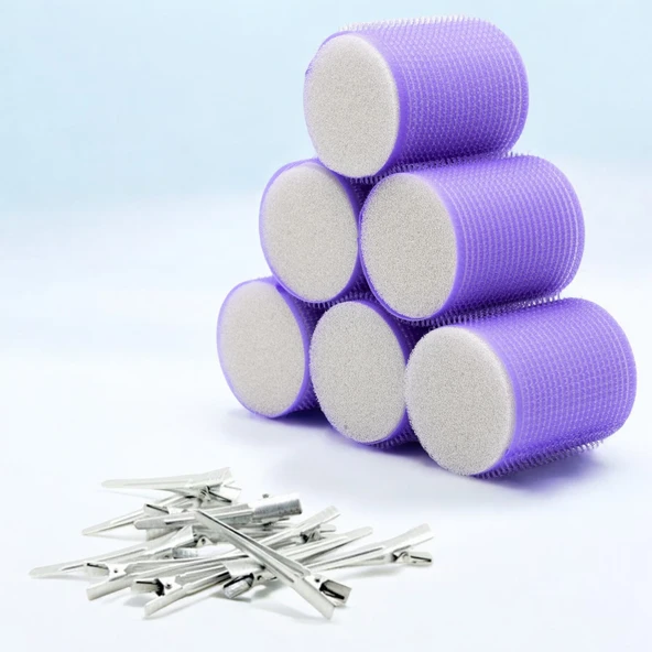 Croc 1203 Mor Cırtlı Sünger Bigudi 6Lı Çap 5Cm +12Li Alüminyum Saç Pensi ürün görseli 1