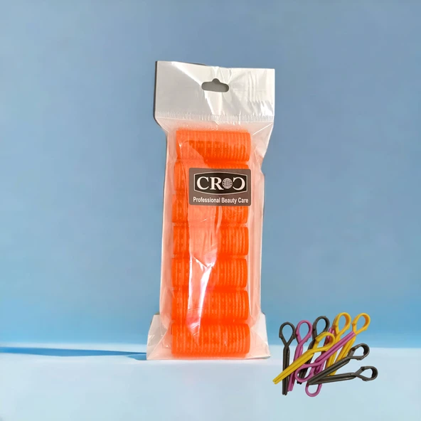 Croc 1216 Turuncu Cırtlı Plastik Bigudi 7Li Çap:2,5Cm + 10Lu Plastik Saç Pensi ürün görseli 1