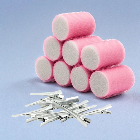 Croc 1207 Pembe Cırtlı Sünger Bigudi 8Li Çap 4Cm + 12Li Alüminyum Saç Pensi ürün görseli 1