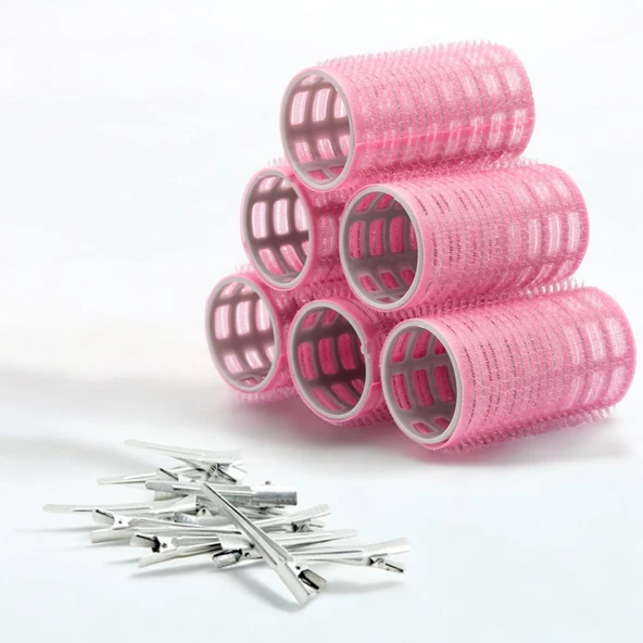 Croc 1202 Pembe Cırtlı Bigudi 6Lı Çap 3,3Cm +12Li Alüminyum Saç Pensi ürün görseli 1