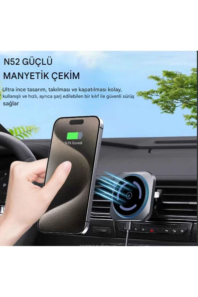Magsafe Güçlü Manyetik 15W Hızlı Şarj Led Işıklı Araç Telefon Tutucu ürün görseli 1