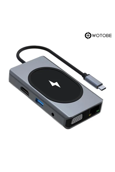 9 Portlu Kablosuz Şarjlı USB-C HDTV HDMI PD SD TF RJ45 VGA Dönüştürücü Adaptör ürün görseli 1