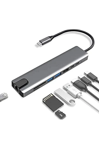 Macbook Uyumlu 8 In 1 4k Type C Usb 3.0 Hub Hdmı Rj45 Ethernet Sdtf Adaptör ürün görseli 1