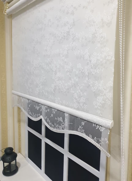 StorBurada Çiftli Sistem Çiçekli Beyaz Tül &  Ekru Stor Perde Alüminyum Kasalı STB4003  Beyaz 140 x 200 ürün görseli 1