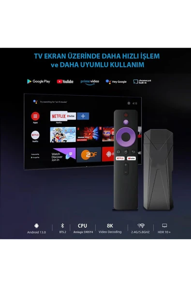 Android TV 8K+ Android 13 Ses kontrollü Kumanda 2GB Ram+16GB Hafıza Wi-Fi 5G Quad Core İşlemci - Resim 3