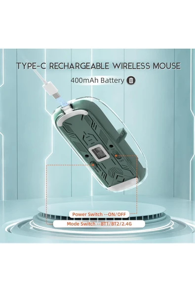M133 Şeffaf Kablosuz Bluetooth Mouse Üç Modlu Sessiz Şarj Edilebilir - Resim 6