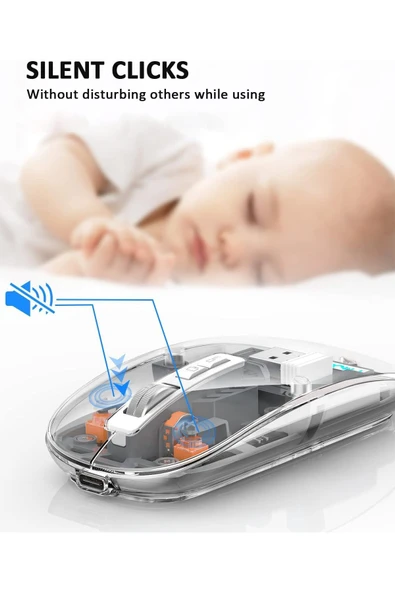 FMOUSE M133 Şeffaf Kablosuz Bluetooth Mouse Üç Modlu Sessiz Şarj Edilebilir - Resim 8