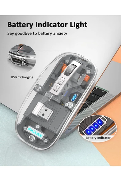 FMOUSE M133 Şeffaf Kablosuz Bluetooth Mouse Üç Modlu Sessiz Şarj Edilebilir - Resim 7