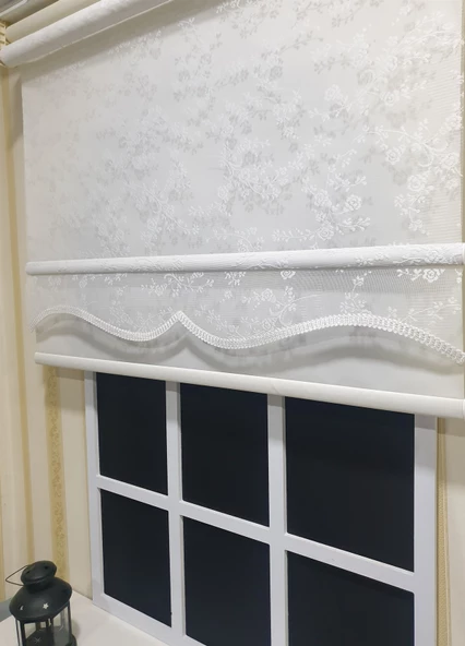 StorBurada Beyaz Çiçekli Tül & Ekru Stor Çift Mekanizmalı Stor Perde Alüminyum Kasalı STB4003  Beyaz 150 x 200 ürün görseli 1