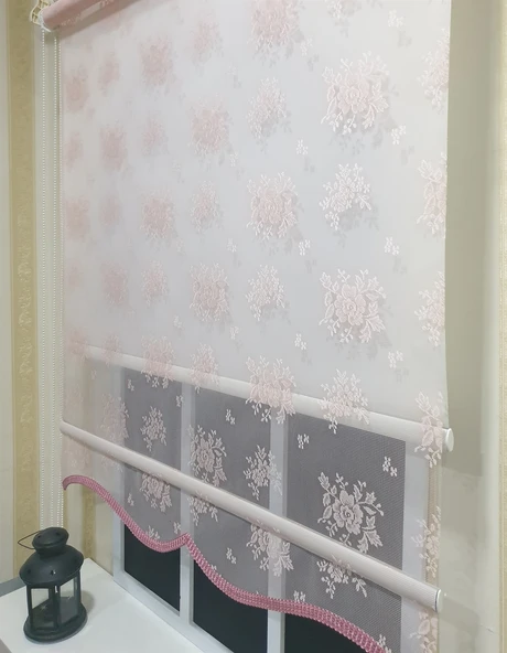 StorBurada Çift Mekanizmalı Pembe Çiçekli Tül ve Ekru Stor Perde STB2015-V09  Pembe 100 x 200 ürün görseli 1