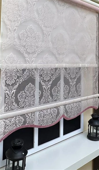 StorBurada Çift Mekanizmalı Damask Pembe Tül ve Ekru Stor Perde STB2015-V06  Pembe 90 x 200 ürün görseli 1