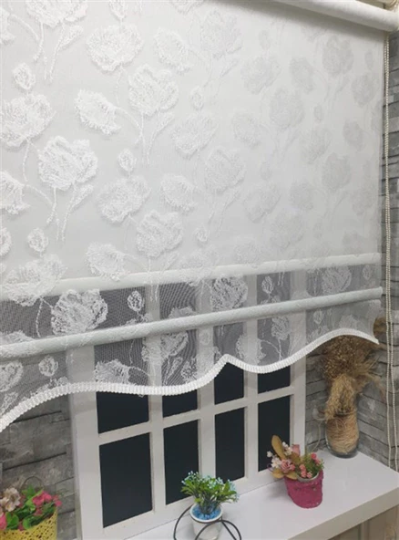 StorBurada Çift Mekanizmalı Beyaz Çiçekli  Tül & Ekru Stor Perde STB1093  Beyaz 90 x 260 ürün görseli 1