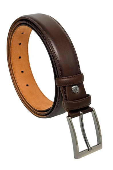 Koyu Kahverengi Hakiki Deri Düz Renk Dikişli Model 3.5 cm. Genişlikli Klasik Kemer - 219-DKSL ürün görseli 1