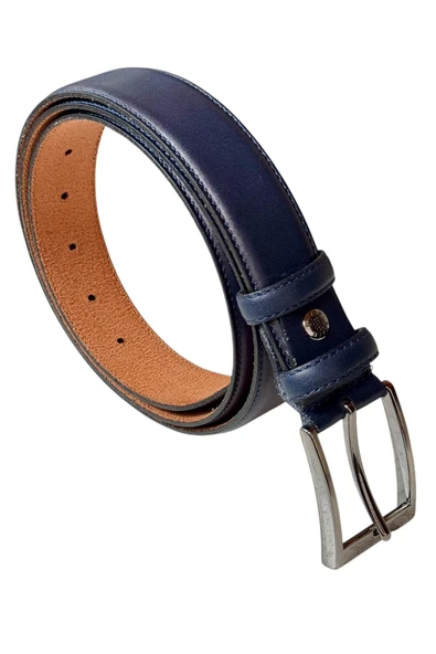 Lacivert Hakiki Deri Düz Renk Dikişli Model 3.5 cm. Genişlikli Klasik Kemer - 205-DKSL ürün görseli 1