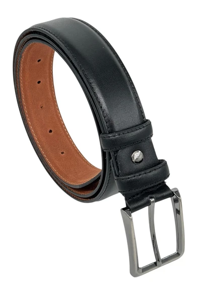 Siyah Hakiki Deri Düz Renk Dikişli Model 3.5 cm. Genişlikli Klasik Kemer - 214-DKSL ürün görseli 1