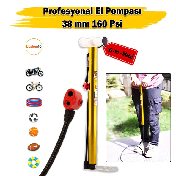 Klasik Bisiklet Pompası 55 cm Pratik El Tipi Ayak Tutamaklı Metal Borulu Top Lastik Şambrel Şişirme ürün görseli 1