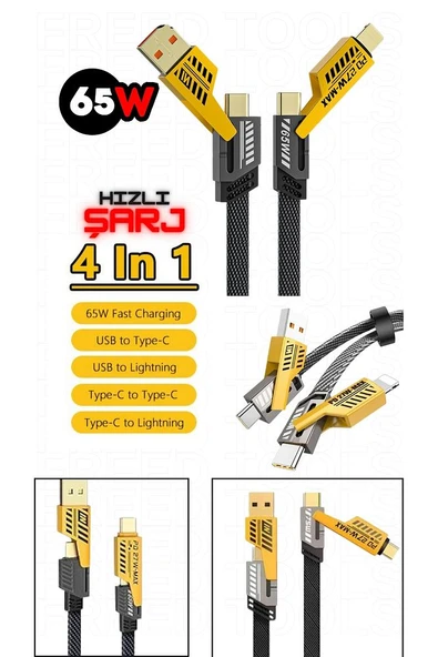 65w 4 In 1 Hızlı Şarj Naylon Örgülü Pd Hızlı Şarj Kablosu Iphone Android Uyumlu Kablo ürün görseli 1