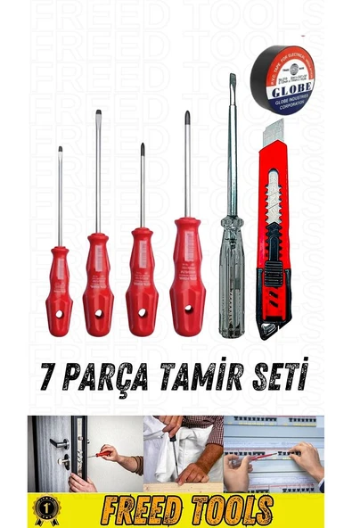 7 Parça Tamir Seti / 4'lü Tornavida Seti ,Kontrol Kalemi ,Maket Bıçağı ,Elektrik Bandı ürün görseli 1