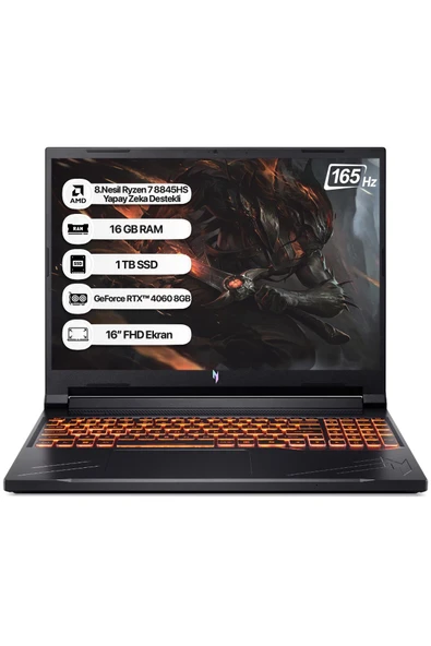 Acer Nitro V16 ANV16-41 AMD R7 8845HS 16GB 1TB SSD RTX4060-8GB Dos 16" WUXGA 165Hz Taşınabilir Bilgisayar NH.QRUEY.005 ürün görseli 1