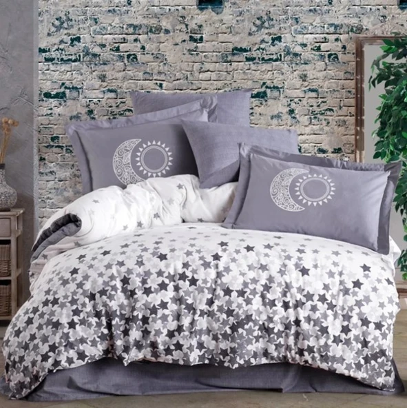 Hobby Çift Kişilik Poplin Nevresim Stars Gri ürün görseli 1