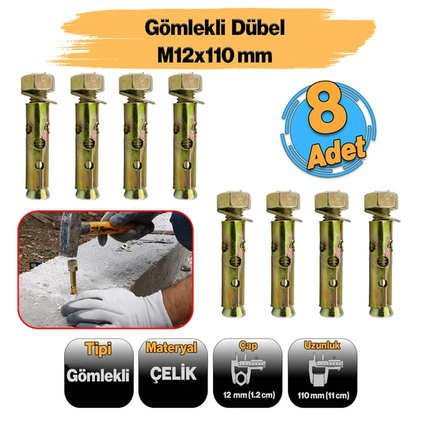 Saplamalı Gömlek Çelik Dübel M12x110 mm Raf Montaj Bağlantı Zemin Monte Tavan Beton Asma Aparat ürün görseli 1