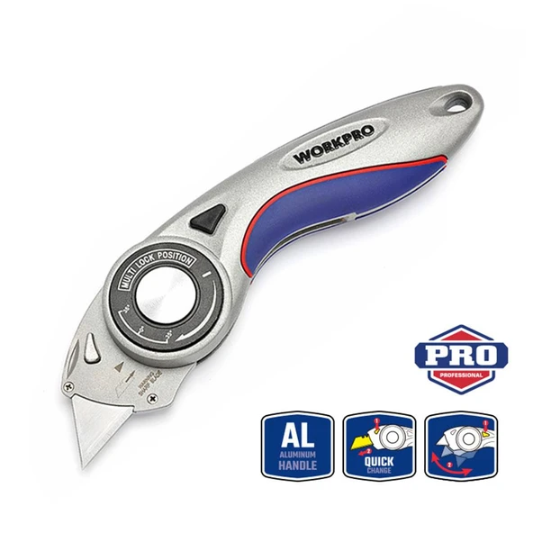 WORKPRO WP211013 Ağır Hizmet Alüminyum Gövde Açı Ayarlı Katlanır Rötuş Maket Bıçağı + 5 Adet Yedek Bıçak ürün görseli 1