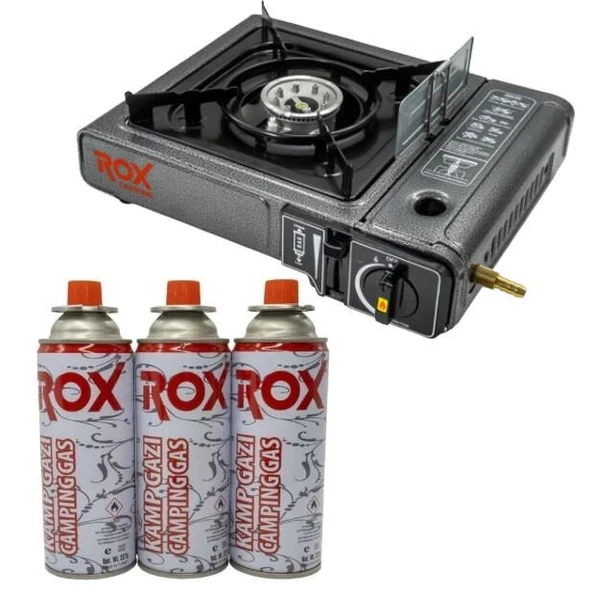Rox Camping 0103 Tekli Portatif Kamp Ocak Rüzgarlıklı(Ekstra Gaz Girişli) - 3 Adet Rox Valfli Kamp Gazı Kartuş 227gr Hediyeli ürün görseli 1